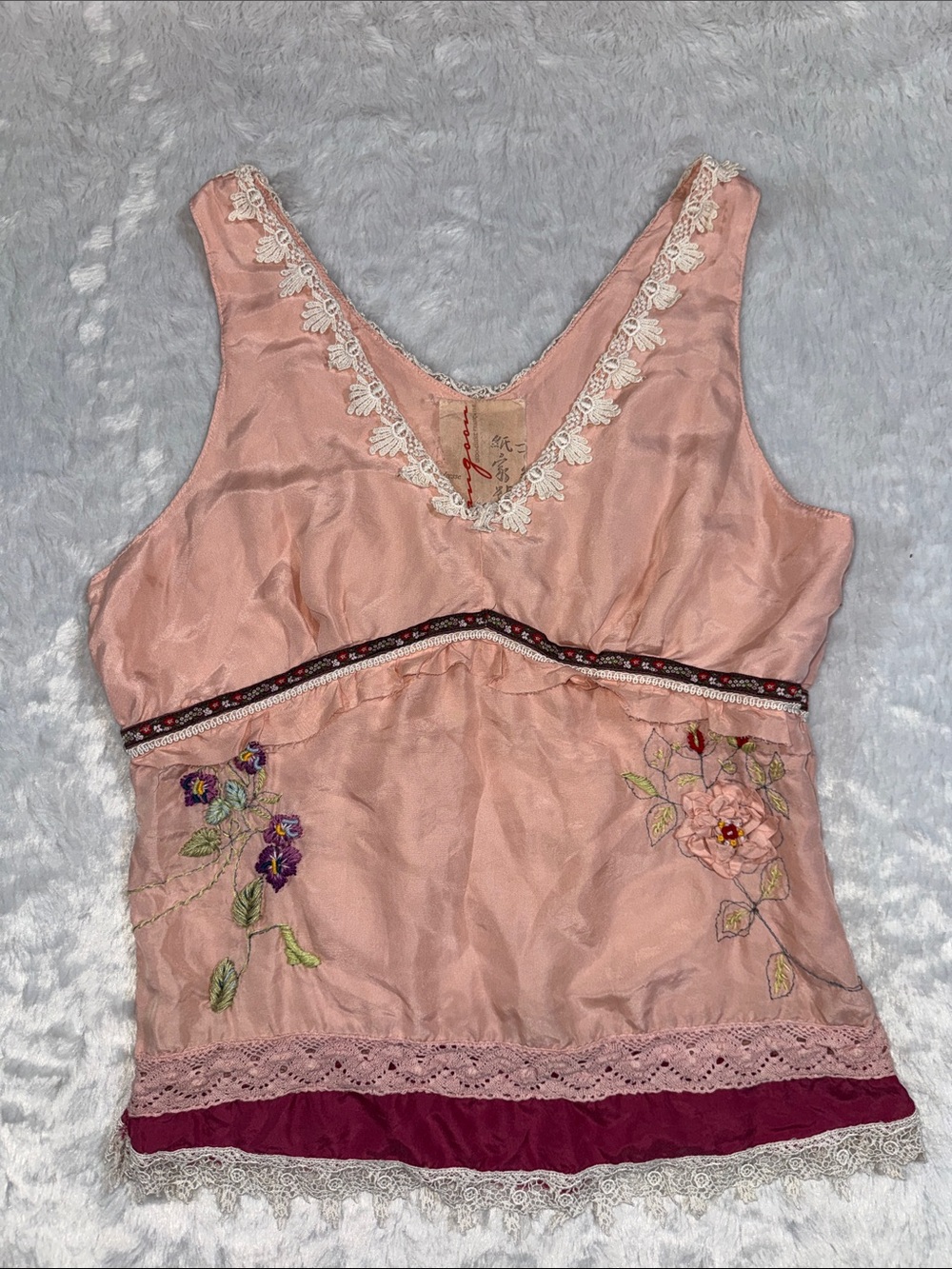 Rangoon 100% silk Euro Embroidered Pink V-Neck Floral Tank Top